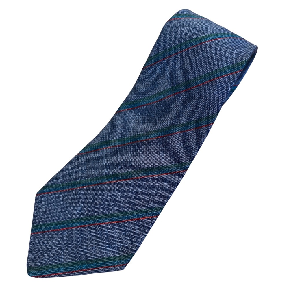 Vintage Fendi Roma Neck Tie Mens Linen Silk Woven Blue Striped Italy 90s Thin